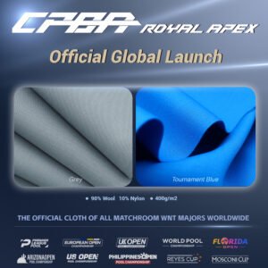 CPBA Royal APEX billiard cloth poster showing grey and blue cloth