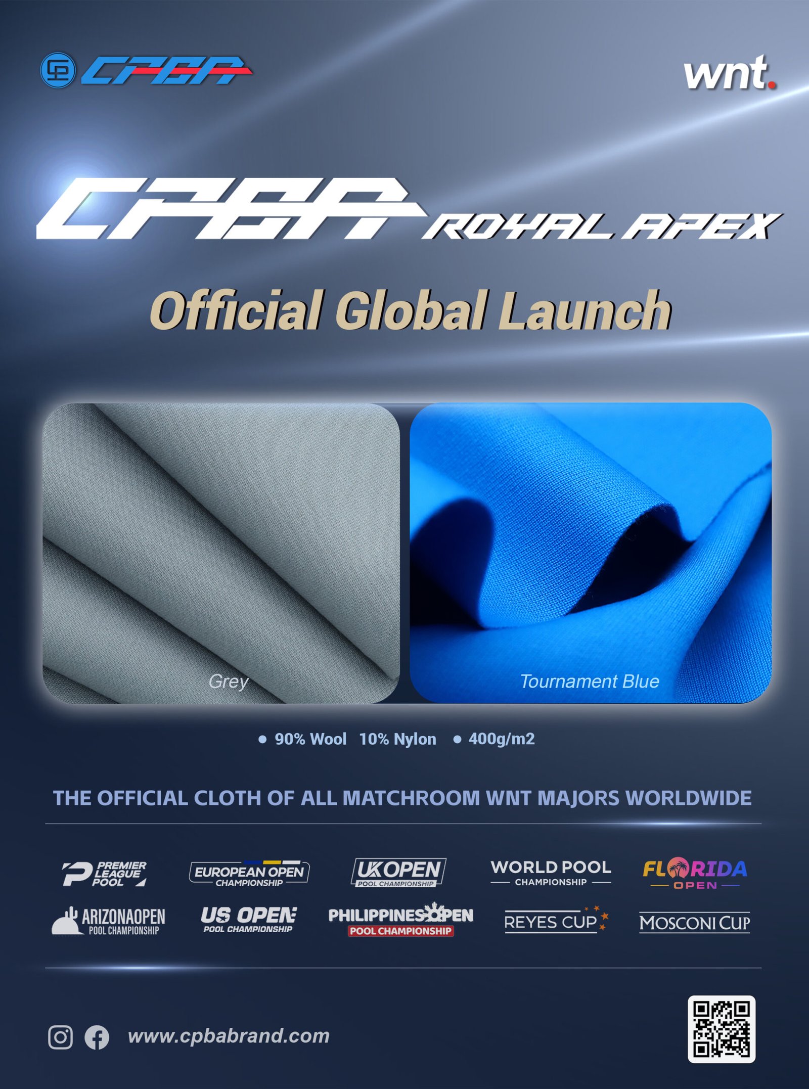 CPBA Royal APEX billiard cloth poster showing grey and blue cloth